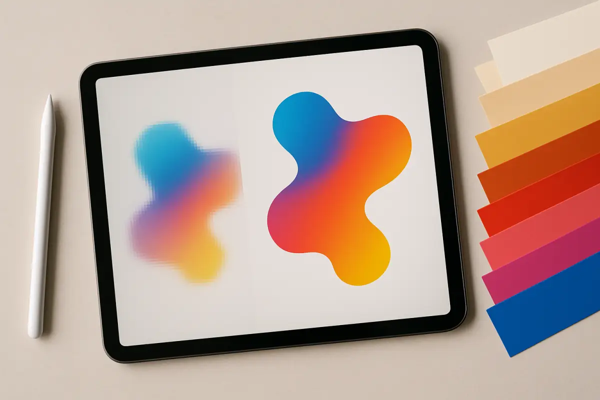 A crisp vector graphic next to a pixelated version on a design workspace