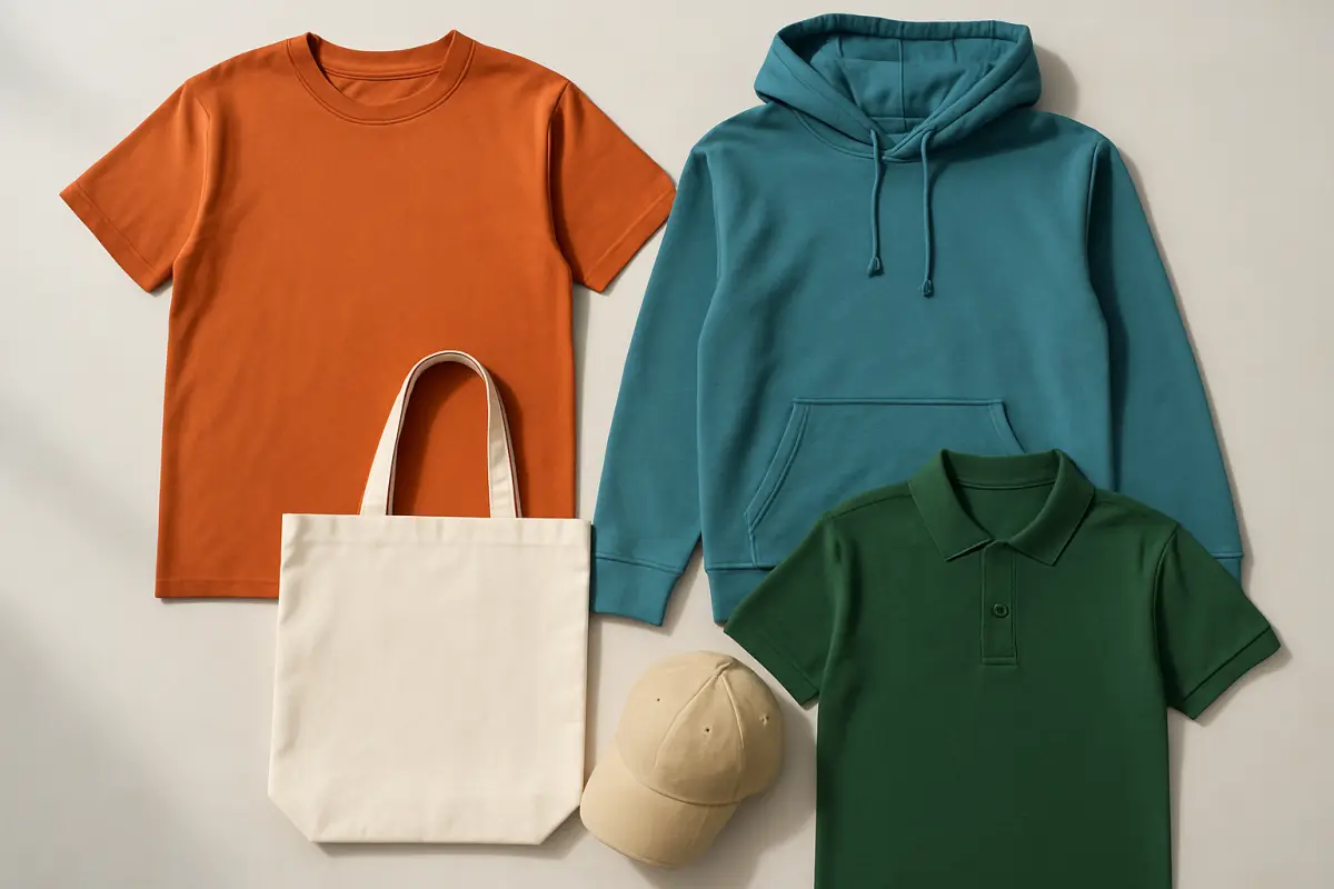 Assorted blank garments — t-shirt, hoodie, polo, tote, and cap