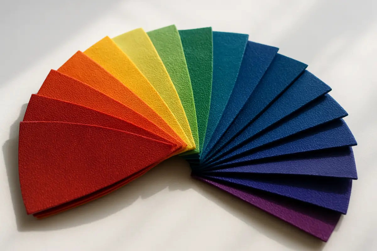 Fabric color swatches fanned out in a rainbow arc