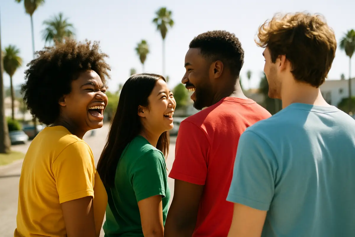 Friends in Los Angeles wearing matching custom t-shirts