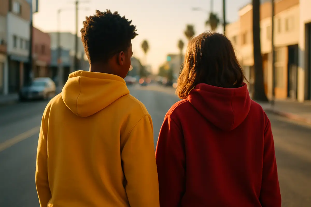Friends in custom hoodies on an LA street at golden hour