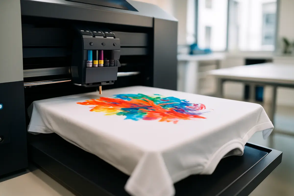 DTG printer laying full-color ink onto a custom t-shirt