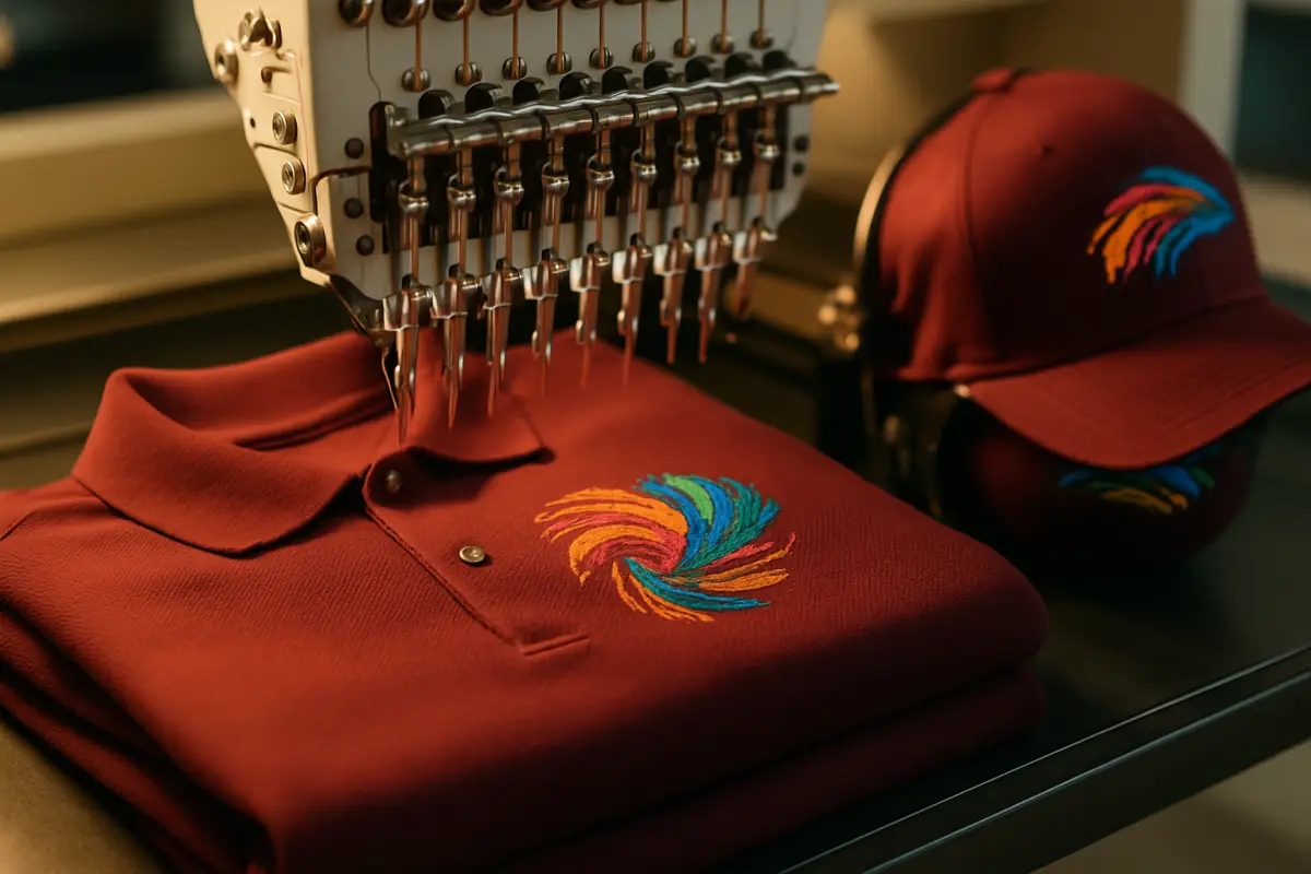 Embroidery machine stitching a logo onto a polo and cap