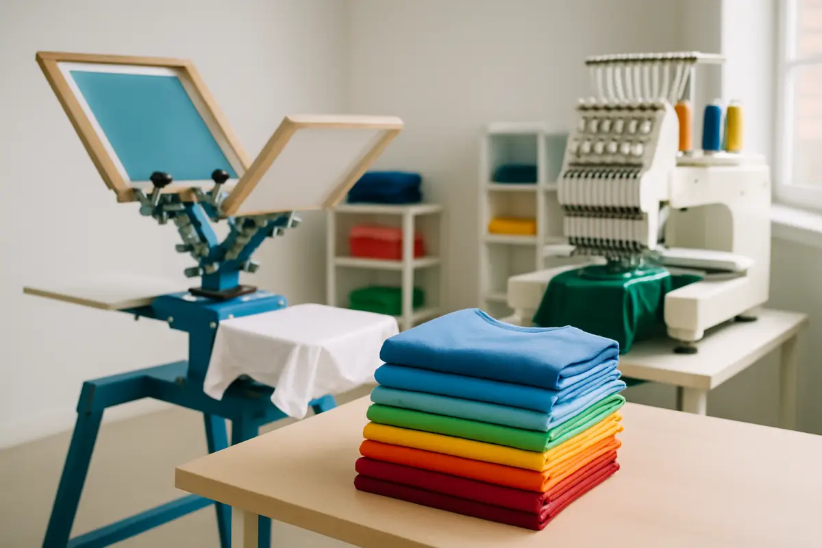 Custom apparel production studio with a screen press, embroidery machine, and folded shirts