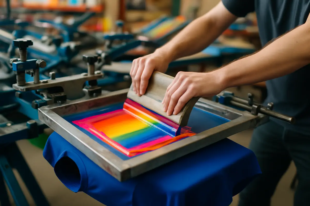 Screen-printing press pulling bright ink across a t-shirt